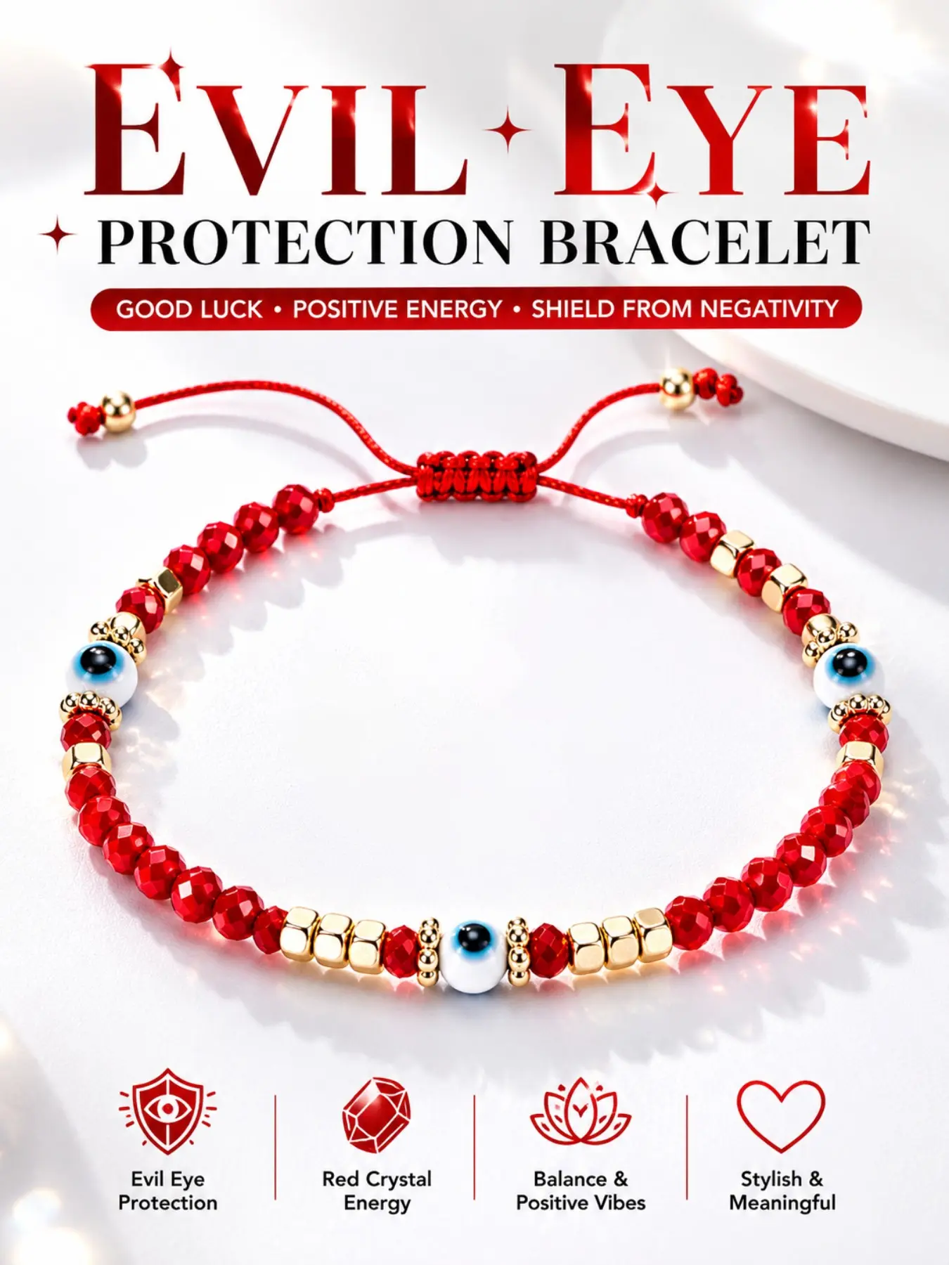 Adjustable String Nazar Crystal Beaded Bracelet, Gold Block Spiritual Guardian, Anti-Envy Luck Charm, Unisex Healing Jewelry Gift