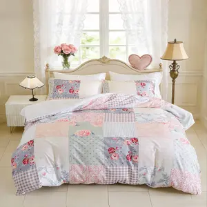 3Pcs Vintage Pastoral Pink Floral Patchwork Geometric Print Duvet Cover Set, Bedding for Bedroom & Guest Room, 1 Duvet Cover + 2 Pillowcases, No Inner Fillings, Romantic Bedroom Decor, Perfect Gift Choice