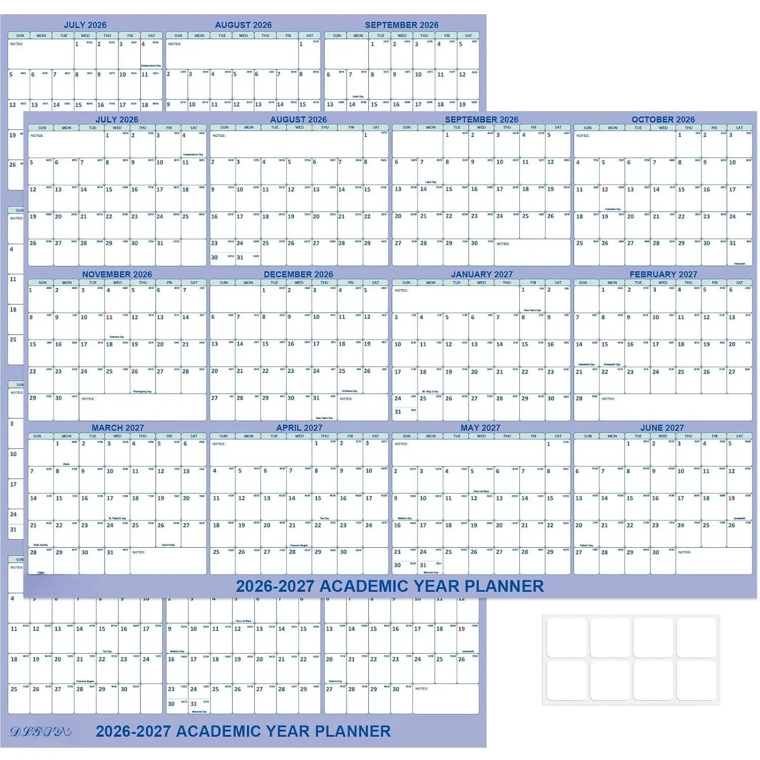 24" x 36" Academic Wall Calendar 2026-2027, July 2026 - June 2027 Folded Wet & Dry Erase, Large Wall Calendar 12 Month, Vertical/Horizontal Reversible, School Yearly Wall Planner with Julian Dates