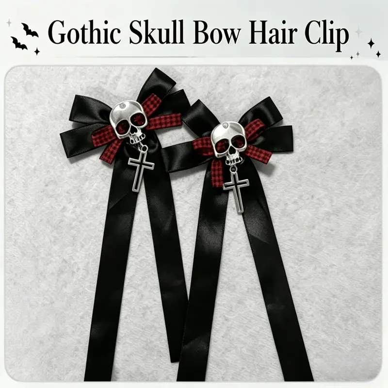 2pcs gothic skull hair clips, black ribbon hair accessories with cross pendants, punk style red plaid hair accessories, Halloween Lolita role-playing costumes, Bow Hair Clips