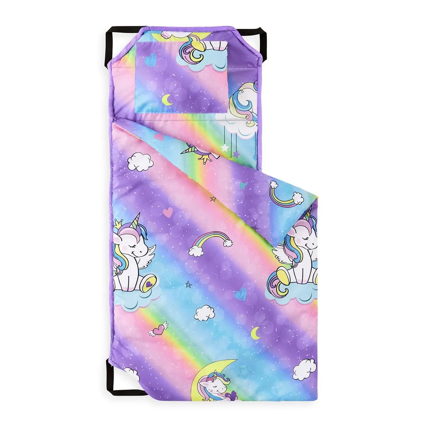 Cot Nap Mat with Pillow and Blanket for Toddlers, Boys & Girls, Daycare Kindergarten Preschool Pre-K, Elastic Corner Straps, Cute Colorful Unicorns, Purple Blue Pink