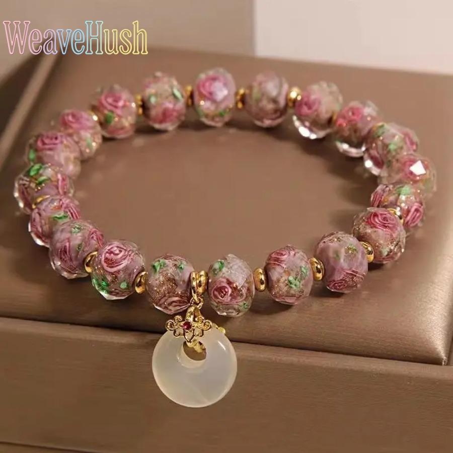 2026 Luxury Handcrafted Glass Bead Bracelet for Women with Peace Knot & Rose Flower Charms, Elegant Symbolic Fashion Jewelry with Delicate Detailing, Versatile Stylish Accessory Perfect for Casual Daily Outfits, Formal Events, Dates, Anniversaries & Meani