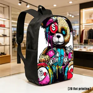 1PC Bear Graffiti Print Unisex Backpack, Lightweight Large-Capacity Laptop Bag with Adjustable Shoulder Straps & Side Pockets, Multi-Use Casual Commuter Pack for Hiking Outdoor Travel
