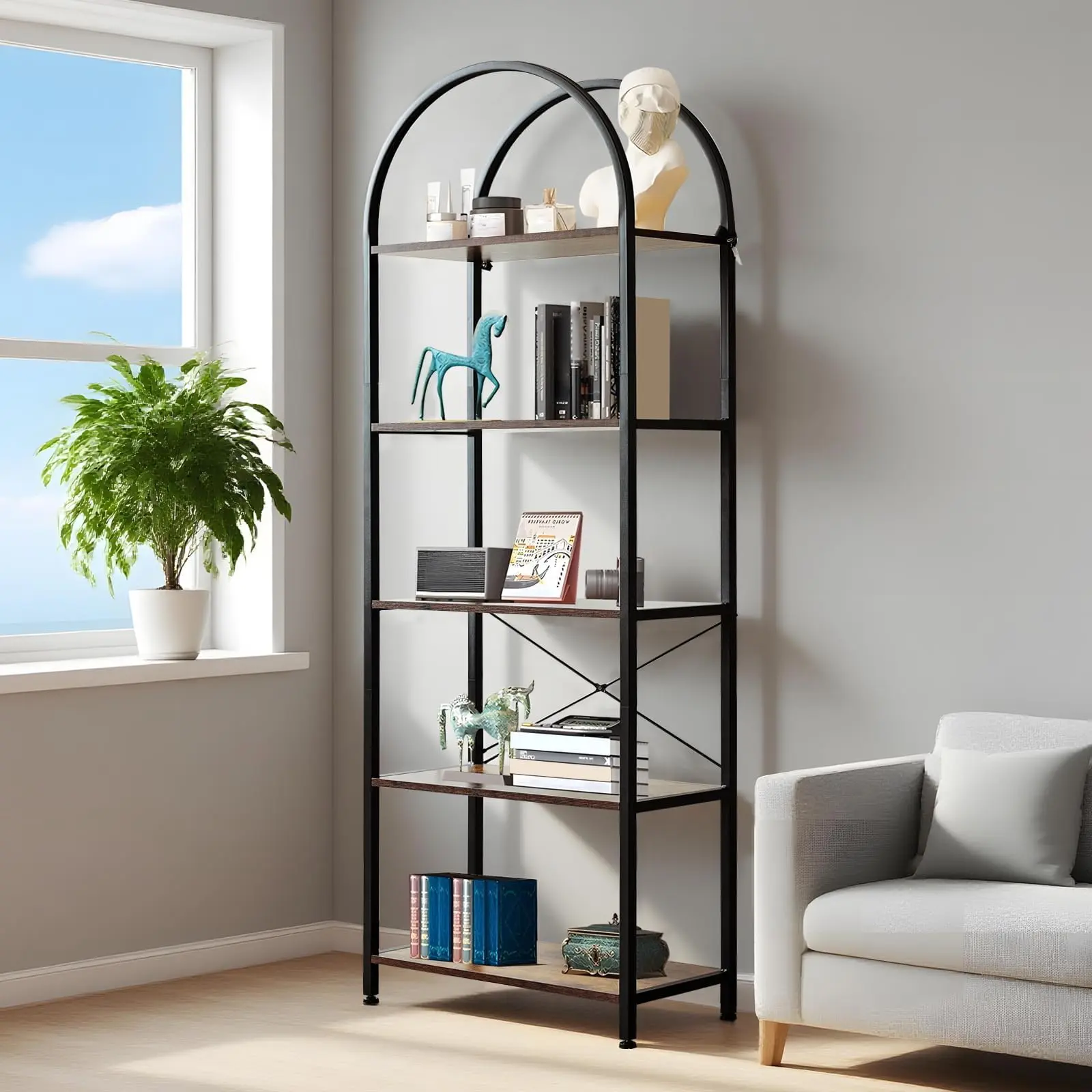 Modern Arched Bookshelf - 5/4-Tier Tall Freestanding Wood Bookcase with Open Storage Display – Open Storage Display – Space-Saving Organizer for Living Room, Bedroom, Home Office – Farmhouse Style