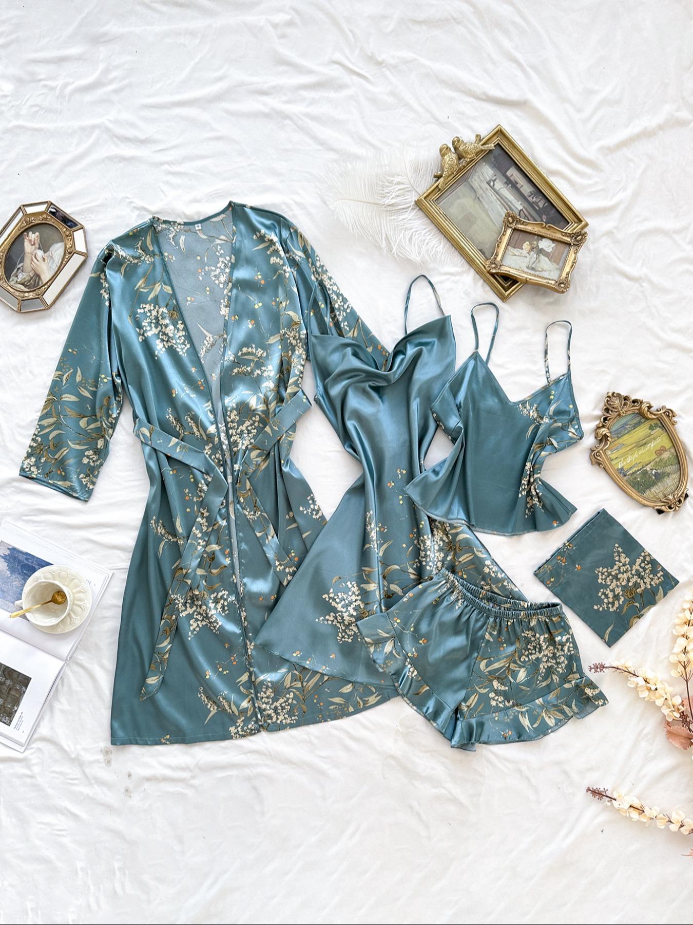 Women's Plant Print Satin Pajama Set with Belted Robe, Cowl Neck Cami Nightdress, Backless Cami Top, Elastic Waist Shorts & Storage Bag, Casual Comfortable Women's Sleepwear