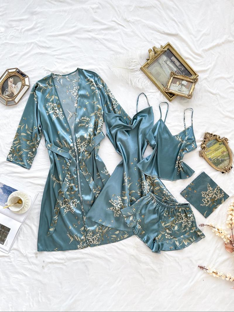 Women's Plant Print Satin Pajama Set with Belted Robe, Cowl Neck Cami Nightdress, Backless Cami Top, Elastic Waist Shorts & Storage Bag, Casual Comfortable Women's Sleepwear