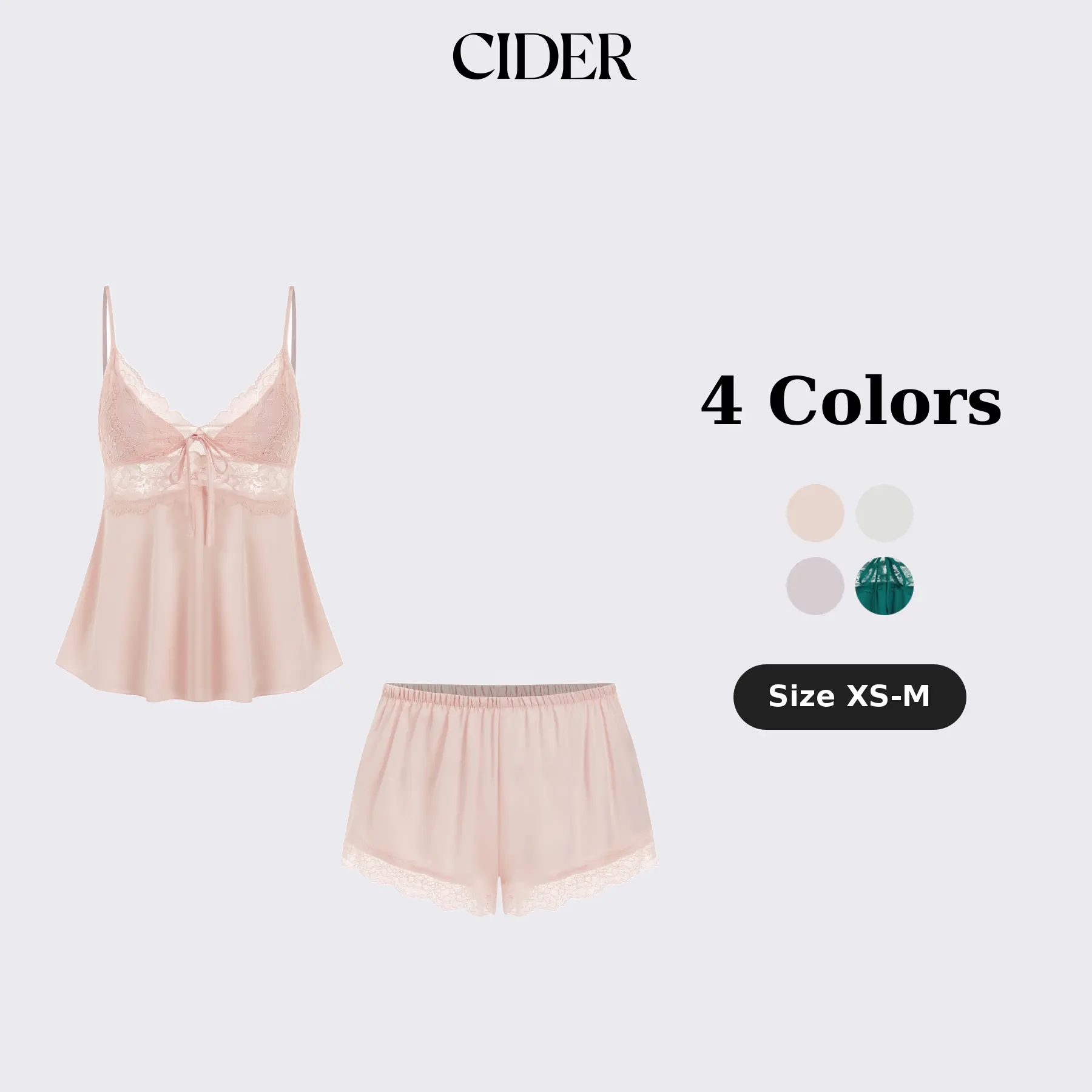 Cider Satin V-neck Lace Trim Cami Top & Mid Rise Lace Hem Shorts Loungewear Set