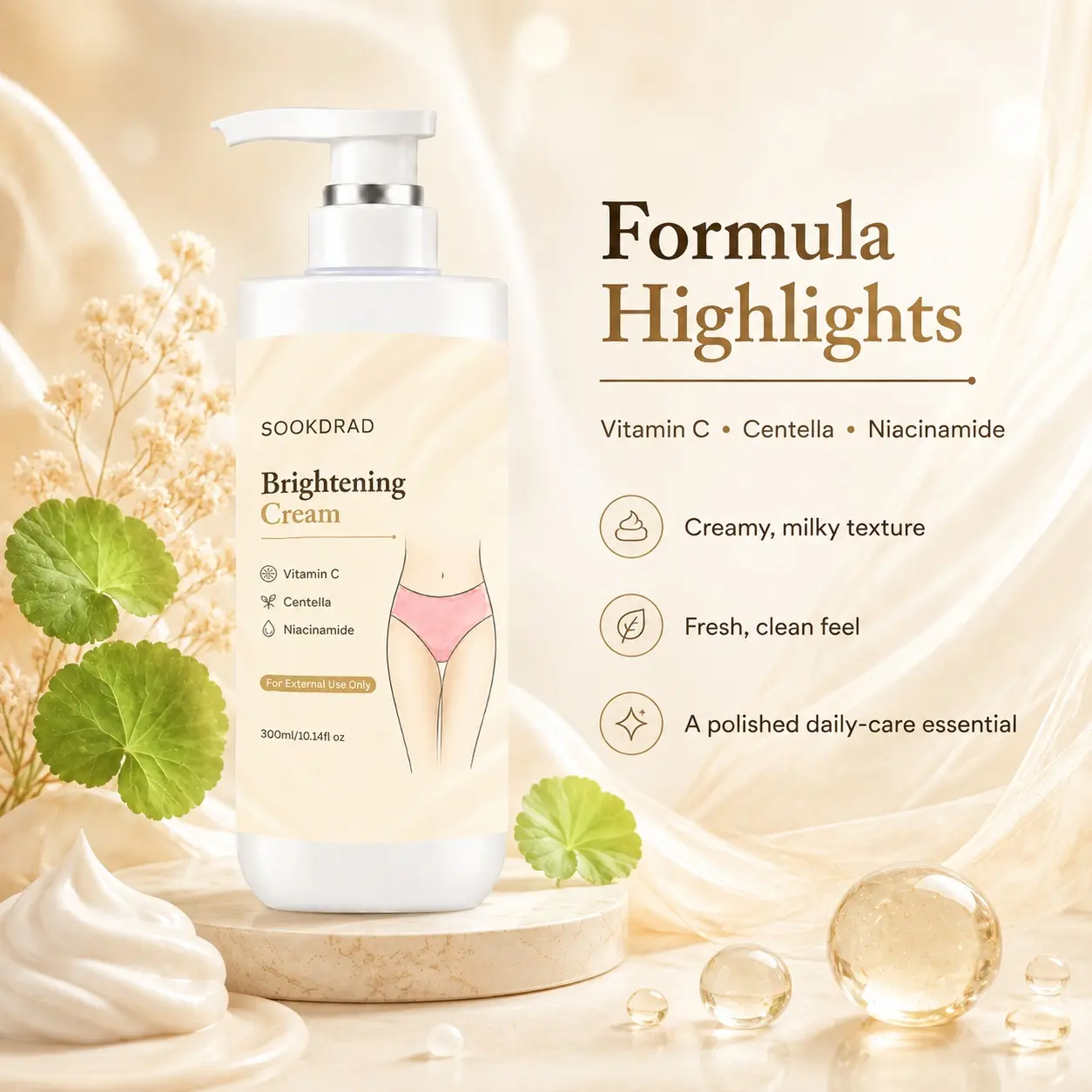 Brightening Cream, Vitamin C, Centella, Niacinamide, brightening, intimate areas, for women, for external use only, 300ml/10.14fl oz
