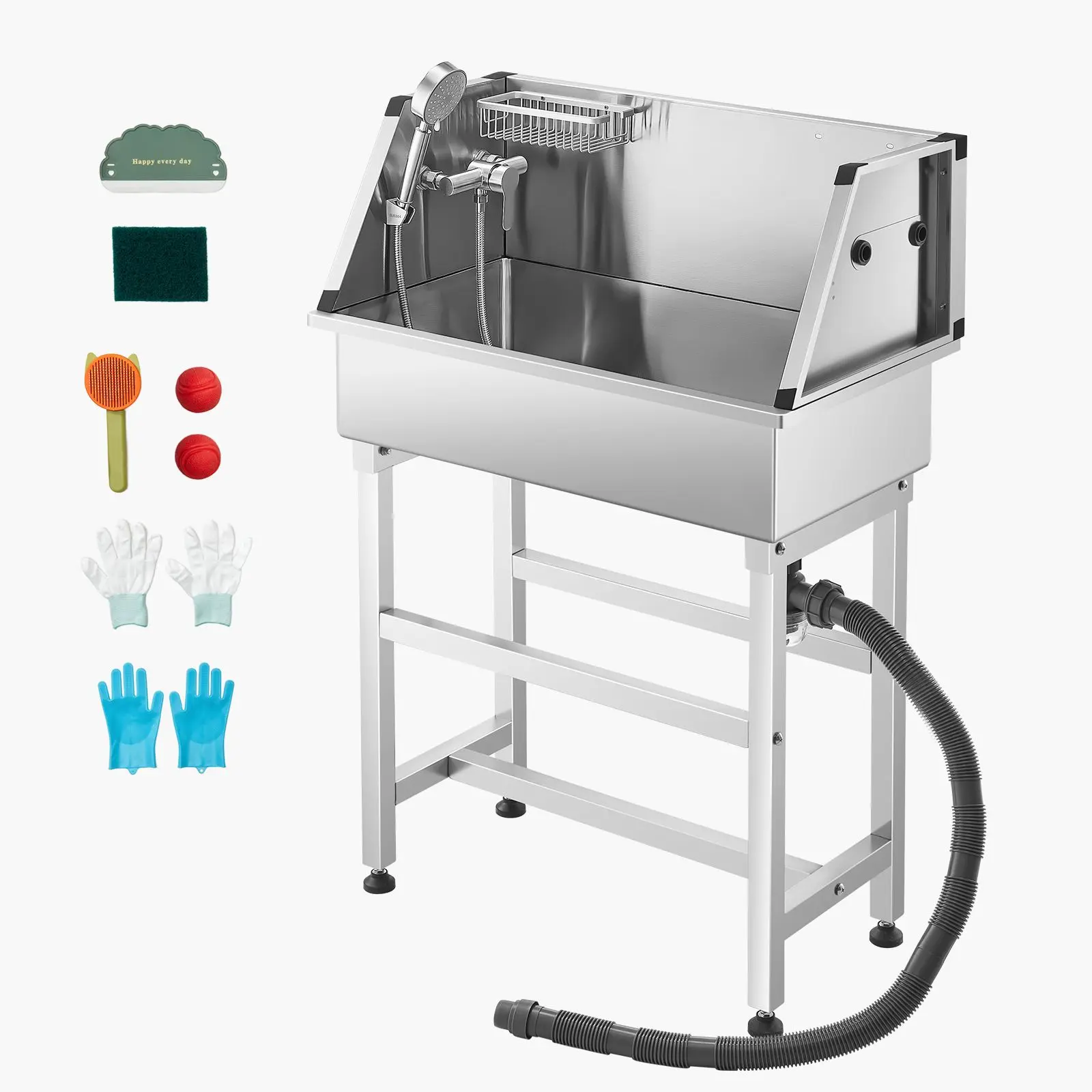 34 Inch Stainless Steel Dog Washing Station, Pet Grooming Tub with Hot & Cold Faucet, Showerhead, Storage Rack, No-Bend All-in-One Bathtub, Home Wash Sink, Fits Small Cats and Dogs