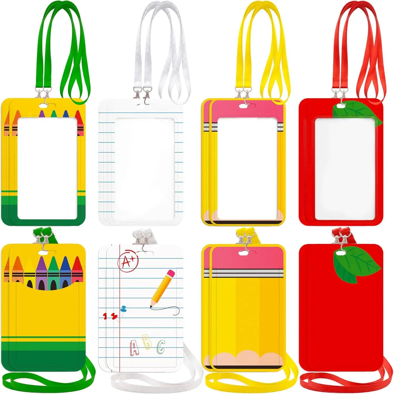 8 count Teacher Lanyards for ID Badge Holder Name Tag Holders Notebook Pencil Crayon Red- Design Gifts Accessories Stuff for School Staff Students Office Bulk