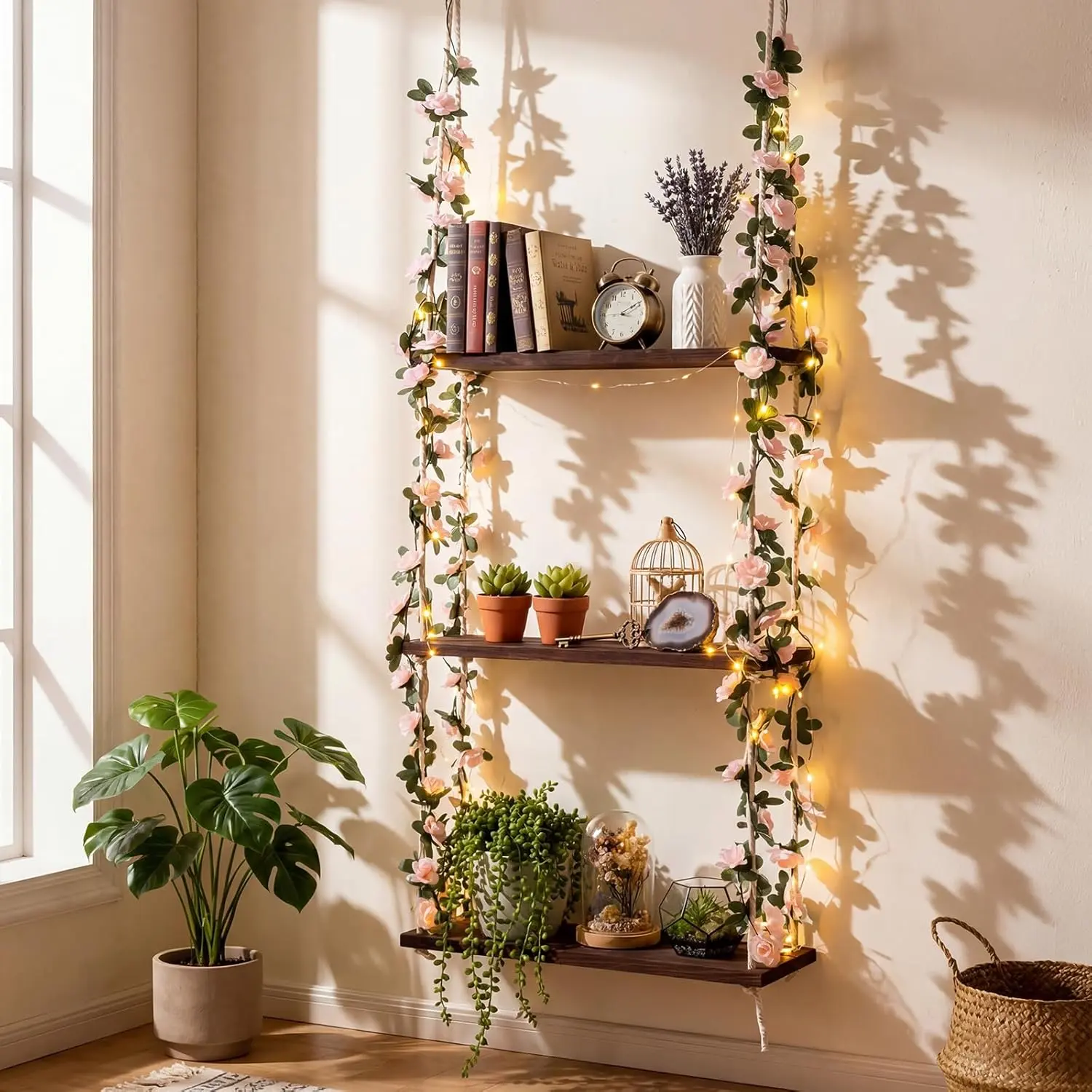 3 Tier Wall Hanging Shelves with Artificial Ivy Leaves, 15.8"x52" Boho Room Decor Handmade Cotton Rope, Wooden Hanging Storage Floating Shelves  Small Plants, Living Room Bedroom