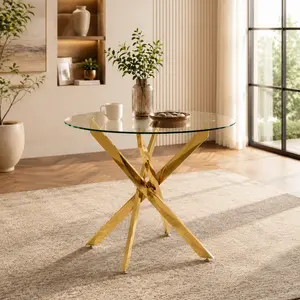 35.5" Modern Arch Round Tempered Glass Dining Table with Gold Legs - 4-Seat Casual Chrome-Tone Minimalist Home Kitchen Dining Room Furniture
