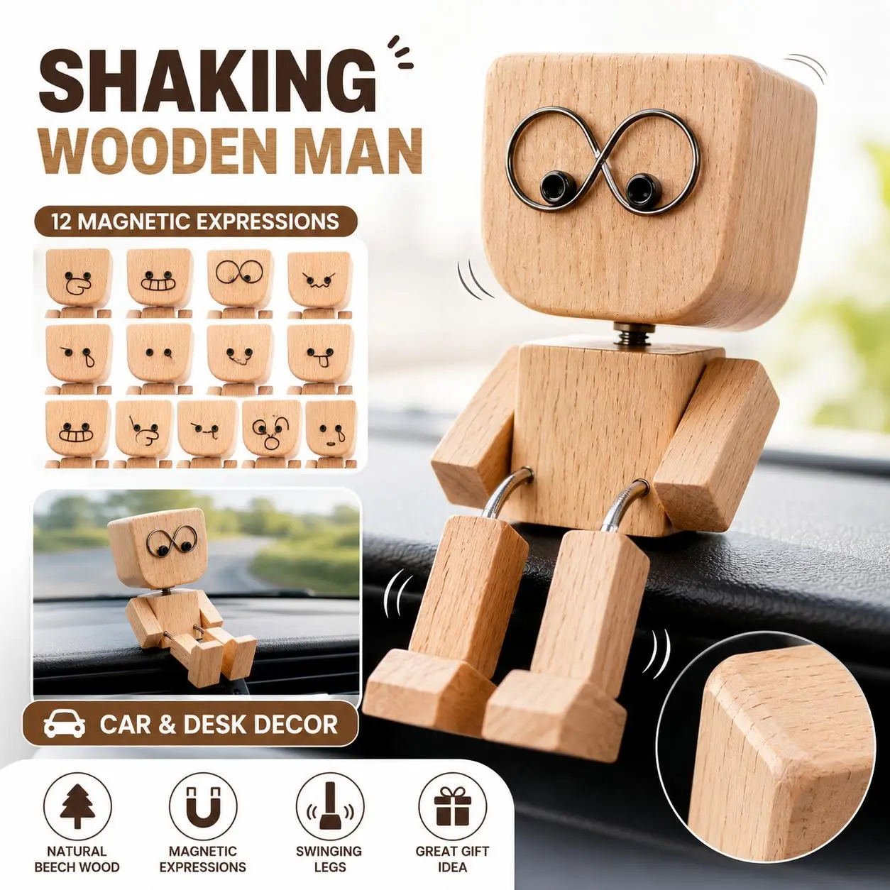 Shaking Wooden Man Car Dashboard Ornament, Handmade Bobblehead Wooden Doll with 12 Magnetic Facial Expressions, Funny Swinging Feet Car Interior Accessory, Desktop Decor Gift for Men Women