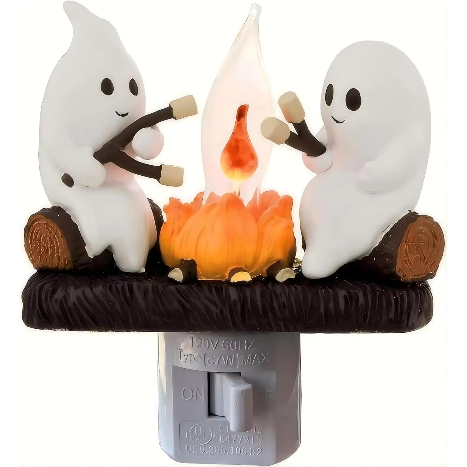 Halloween 3D Spooky Campfire LED Flame Nightlight with Flicker Effect, Ambient Glow, Plug-In Base, Marshmallow & Ghost Decor for Kids' Rooms, Spooky Home Indoor Leisure