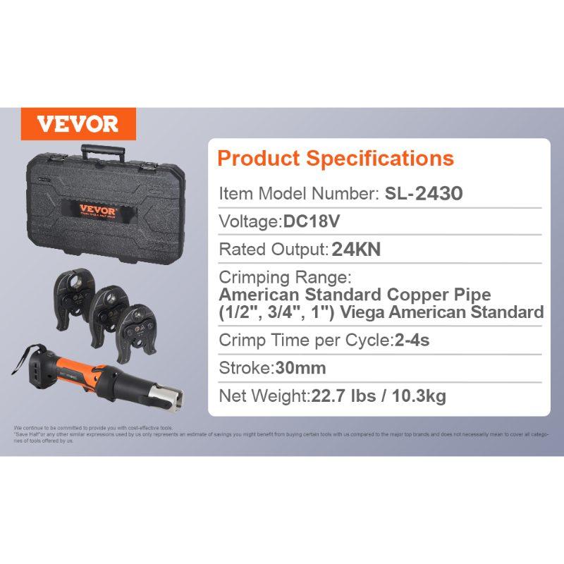VEVOR Mini ProPress Tool, 18V Electric Pipe Crimping Tool for 1/2, 3/4, 1 Copper Pipes, Press Tool Kit with 3 Pro Press Jaws, 2pcs 18V 2AH Battery, Fast Charger Carrying Case VEVOR Mini ProPress Tool, 18V Electric Pipe Crimping Tool for 1/2, 3/4, 1 Copper Pipes, Press Tool Kit with 3 Pro Press Jaws, 2pcs 18V 2AH Battery, Fast Charger Carrying Case