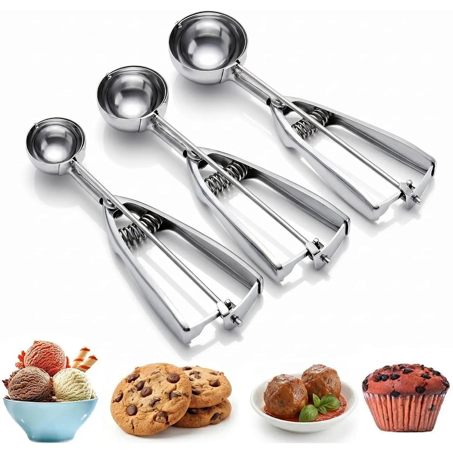 Ice Cream Scoop, 3Pcs Cookie Scoop Set, Stainless Steel Ice Cream Scooper with Trigger Release, Large/Medium/Small Cookie Scooper for Baking, Cookie Scoops for Baking Set of 3 with Cookie Dough Scoop-