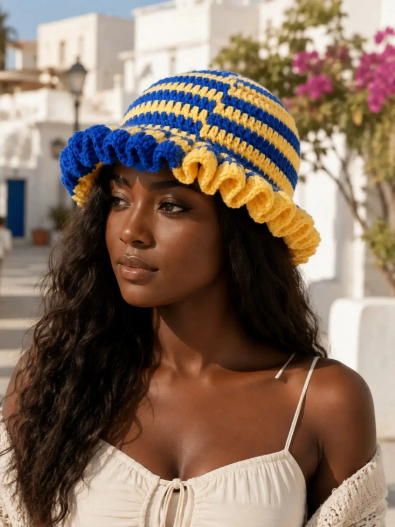 1pcs  Women's Striped Colorblock Handmade Crochet Ruffle Bucket Hat, Soft Knitted Fashion Hat, Spring Summer Autumn Daily Outfit And Photo Accessory