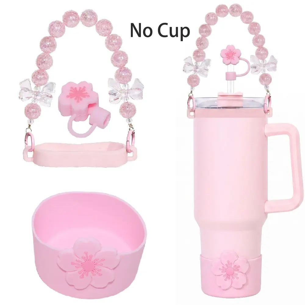 4pcs Cute Sakura Tumbler Accessories Set For 40oz/30oz, Coquette Pink Beaded Handle Strap with Bow, Floral Straw Cover & Silicone Boot Bumper, Perfect Gift, Kawaii Water Bottle Decor Cup Charms(No cup)