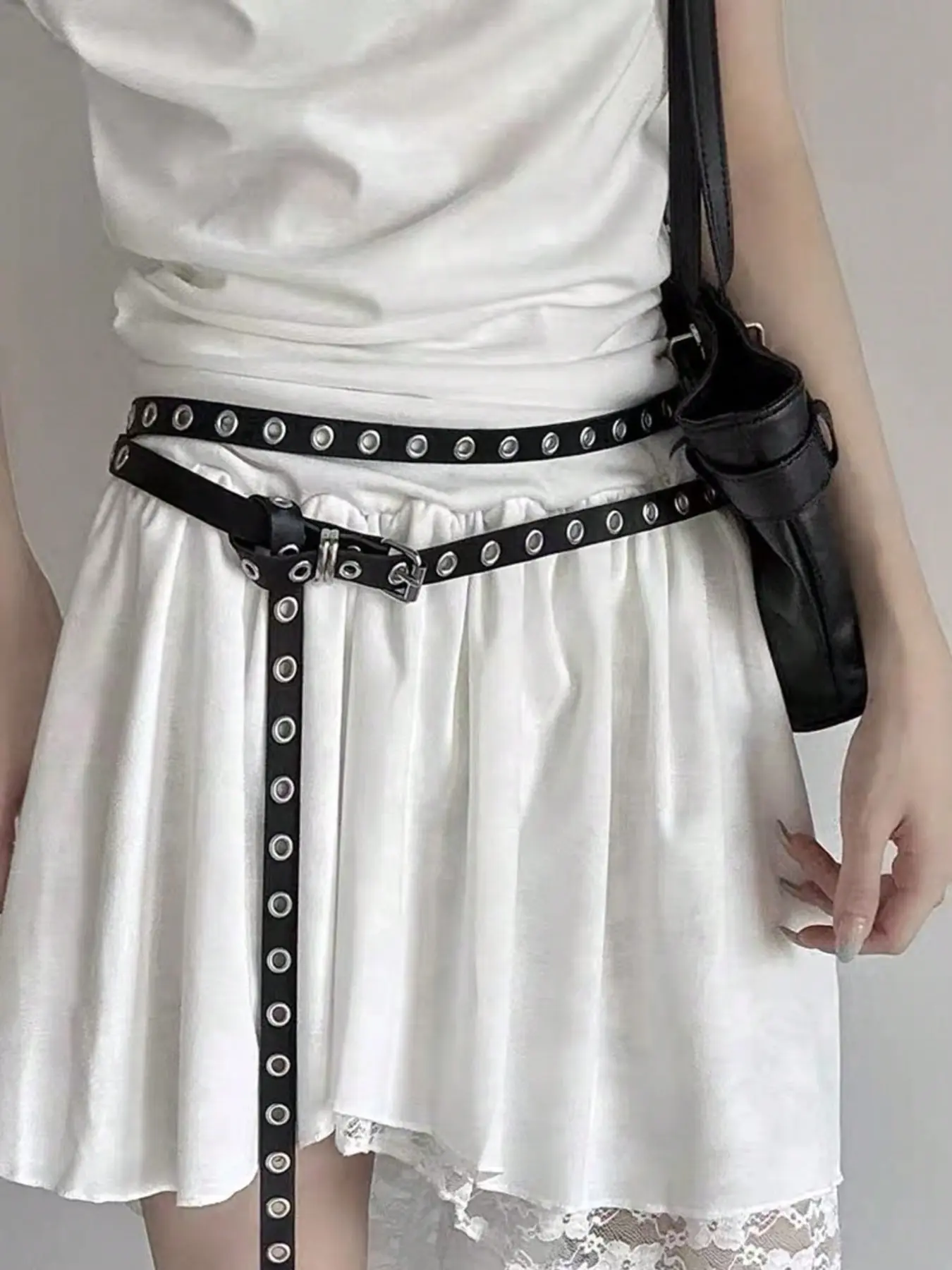 1pc Women's Y2K Punk Full Hole Metal Eyelet PU Leather Belt, Adjustable Long Grommet Waist Belt, Gothic Harajuku Streetwear Belt for Jeans, Cargo Pants, Skirts, Dresses, Festival Outfit Accessories