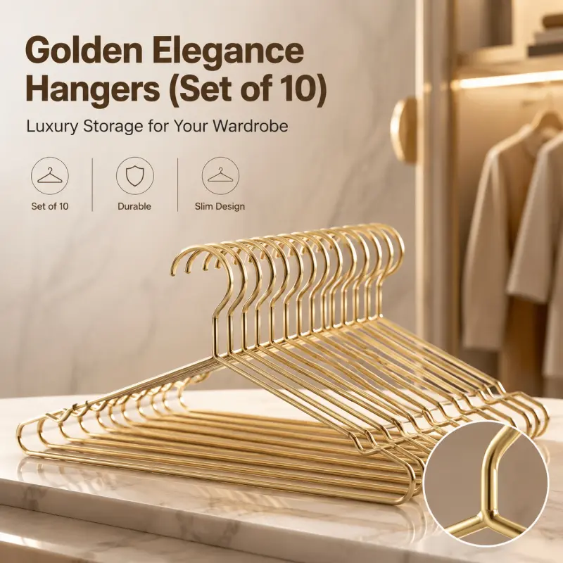 Set Of 10 Luxury Golden Metal Clothes Hangers, Slim Space Saving Non-Slip Garment Hangers, Sturdy Durable Clothing Organizer For Closet Wardrobe Shirts, Pants And Daily Garment Storage