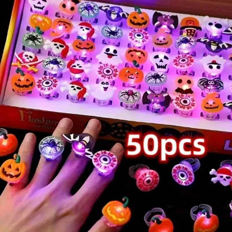 50 Pack LED Flashing Halloween Rings, Glow Toy Rings for Kids, Halloween Goodie Bag Fillers, Spooky Mini Gifts
