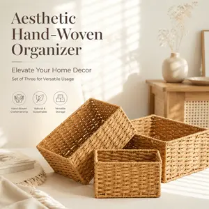 3 pack hand woven paper rope storage baskets multi size natural woven organizer bins for closet drawer vanity shelf boho farmhouse home decor
