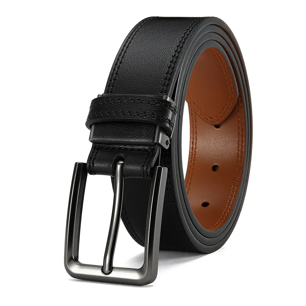 Men Minimal Rectangular Pin Buckle Belt, Gunmetal Matte Metal Clasp, Stitched Black Outer Strap With Warm Brown Inner Surface, Pre-drilled Adjustment Holes, Ideal for Daily Business Outfits, Casual Denim Looks and Weekend Hangouts