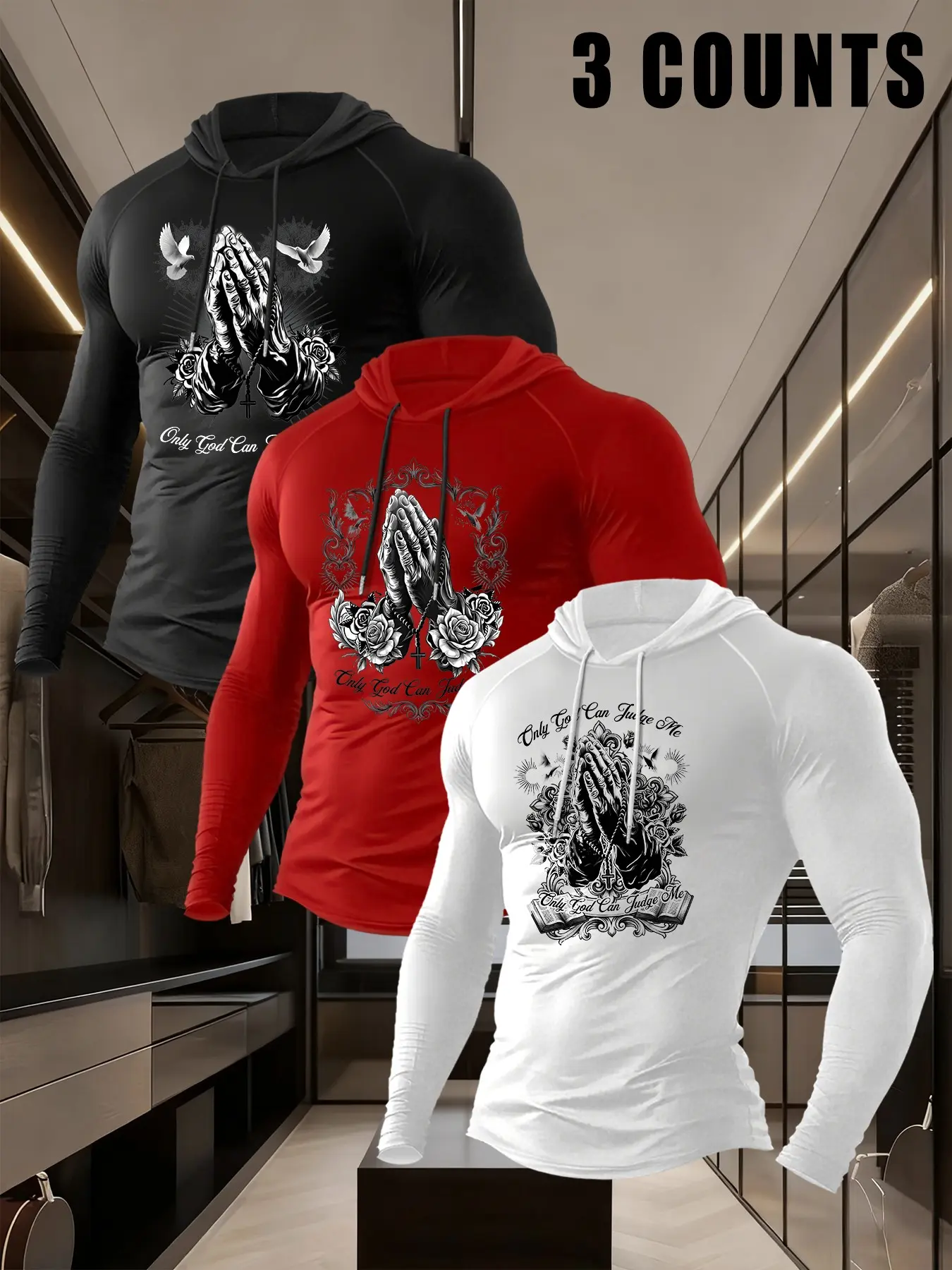 Men 3 Pack Muscle Fit Hooded Long Sleeve Shirts Chicano Vintage Praying Hands Rose Cross Dove Graphic Only God Can Judge Me Print Curved Hem Stretch Quick Dry Athletic Streetwear Hood Tops 2026 Trendy #3packmenshoodlongsleeve #chicanotattoographictop #ret