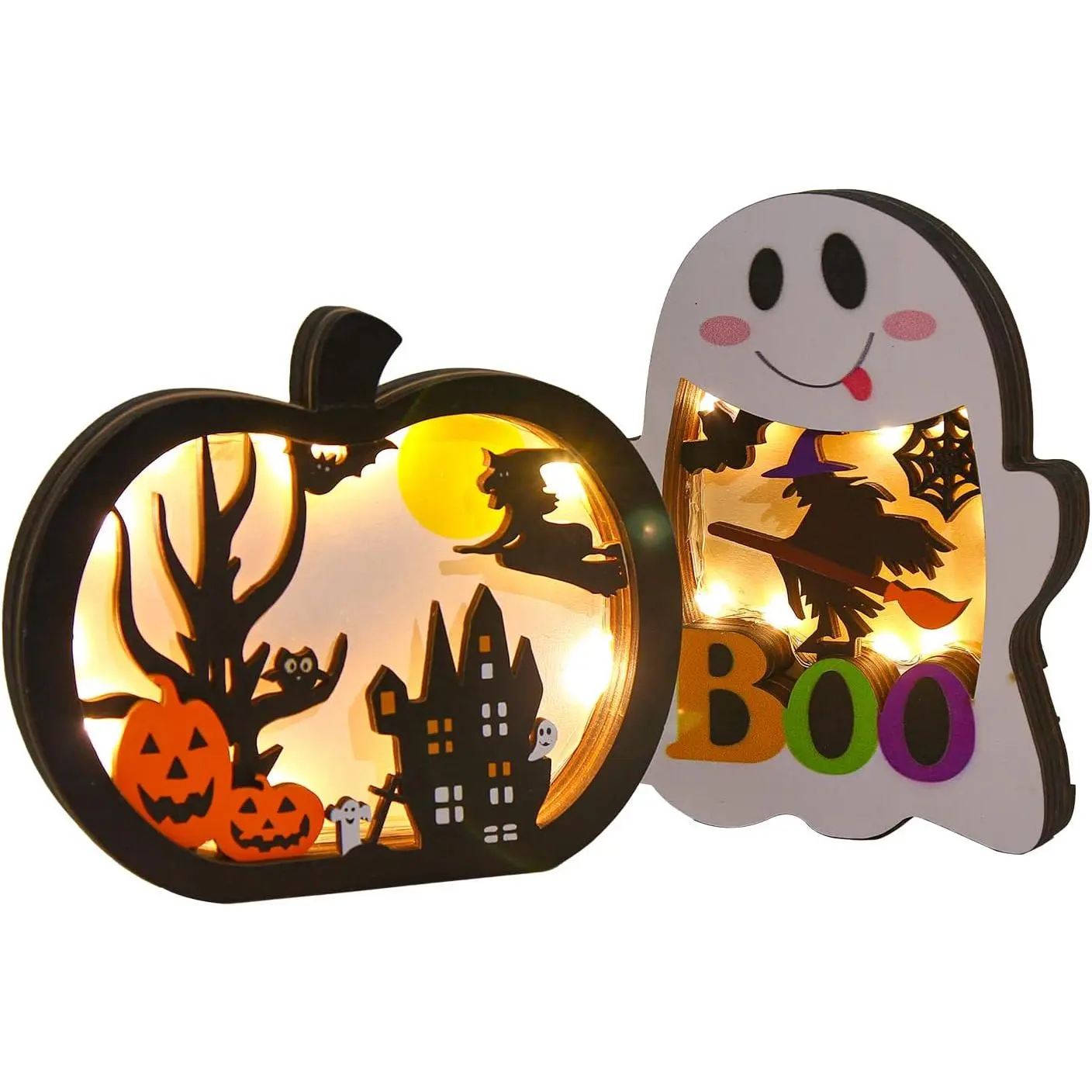 2-Piece Modern Wooden Lighted Pumpkin Lamp Lanterns - Default Synthetic Shadow Box Decor, Halloween Tabletop Window Home Festive Ornaments