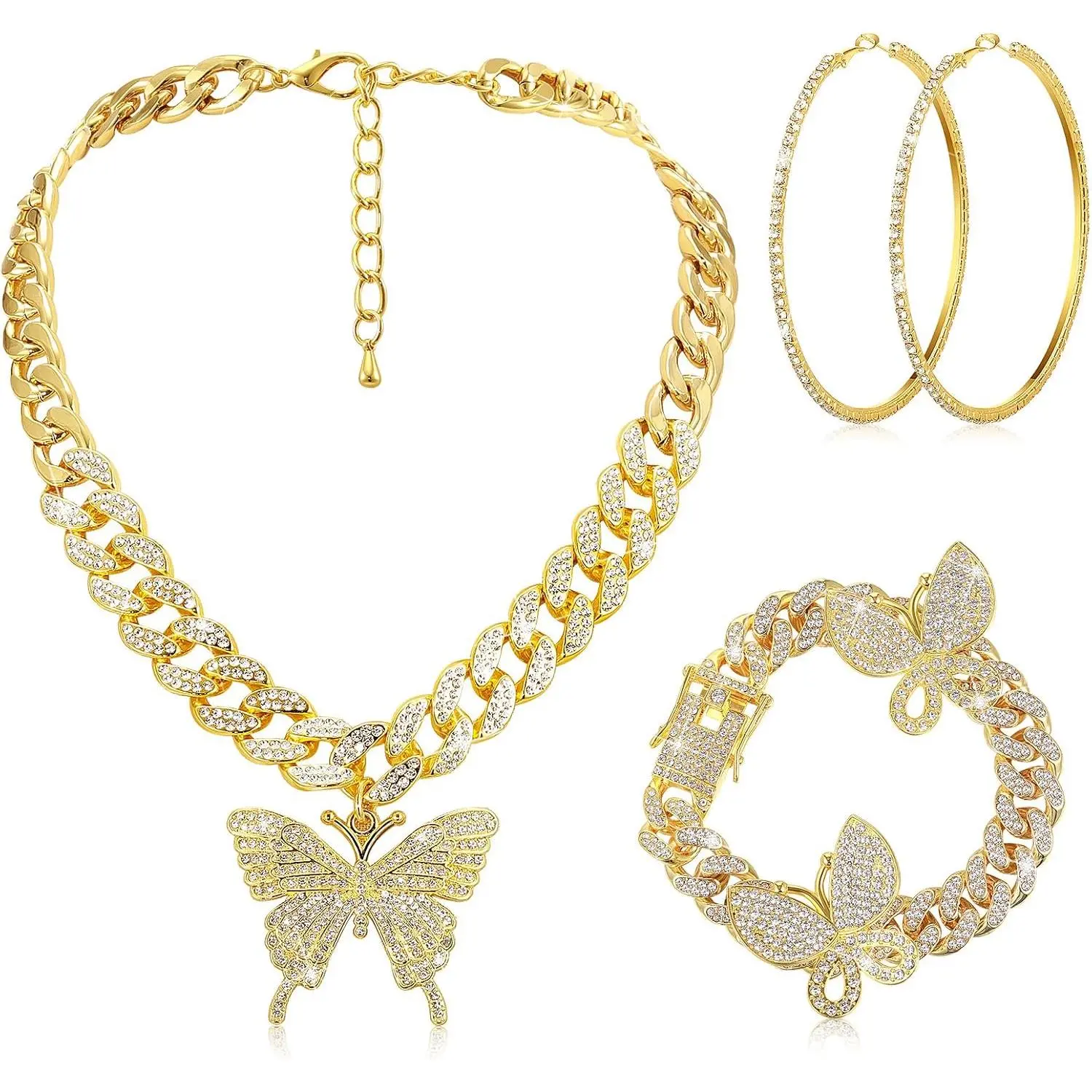 3 count Butterfly Cuban  Set Cuban Link Chain Necklace for Women Rhinestone Pendant Necklace Bracelet Large Hoop
