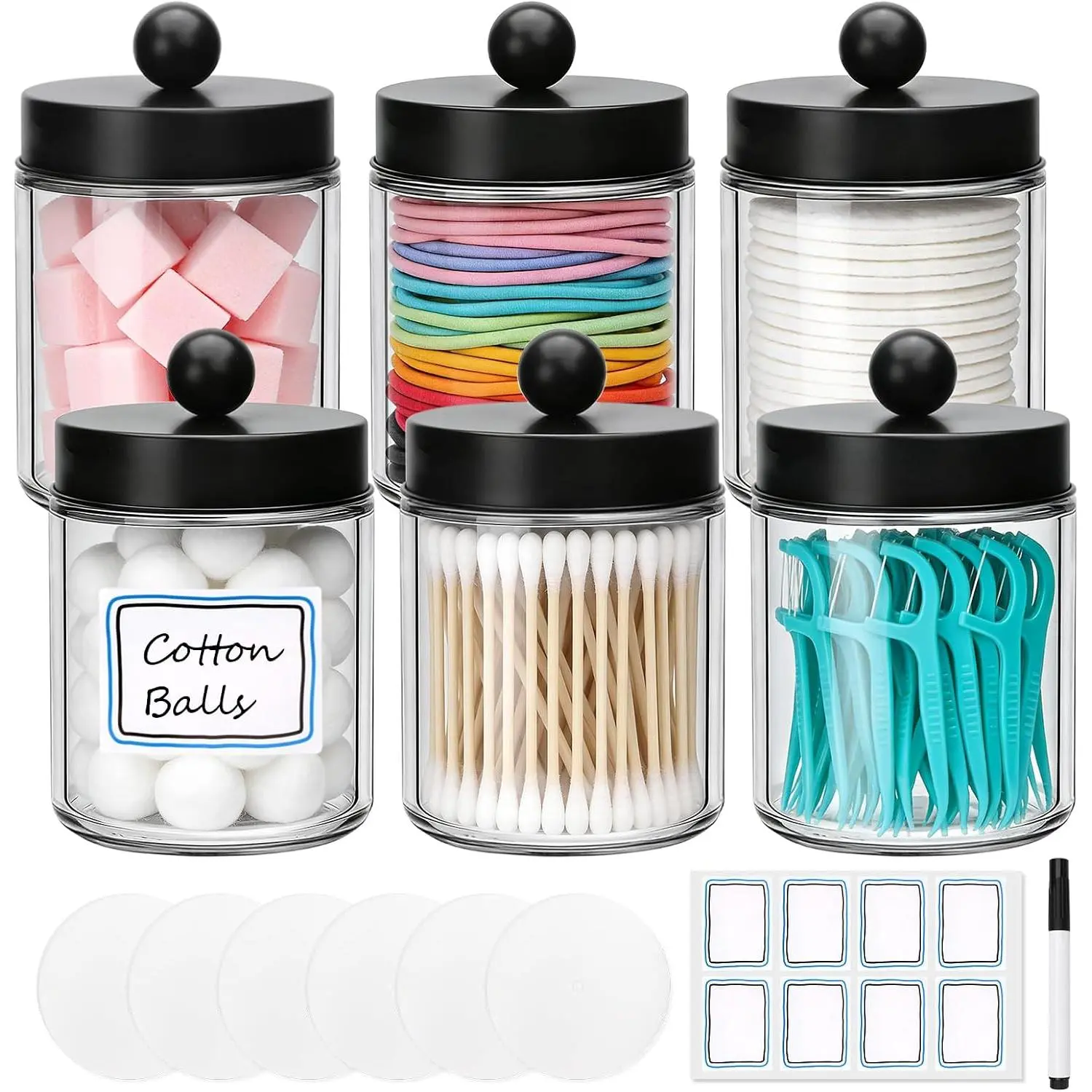 6-Pack Minimalist Farmhouse Apothecary Jars Bathroom Vanity Storage Organizer Set - Transparent Glass Countertop Canisters with Stainless Steel Lids, Compact Label-Included Holders for Cotton Swabs, Makeup Sponges, Labels