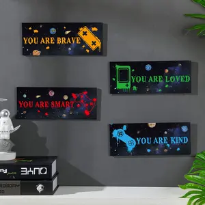 2D flat, 4-piece set of game decorations, suitable for boys' rooms, game console theme, inspiring wall art decoration, inspiring quotes, game controller hanging banners, printed plaques, suitable for boys' daycare game rooms.