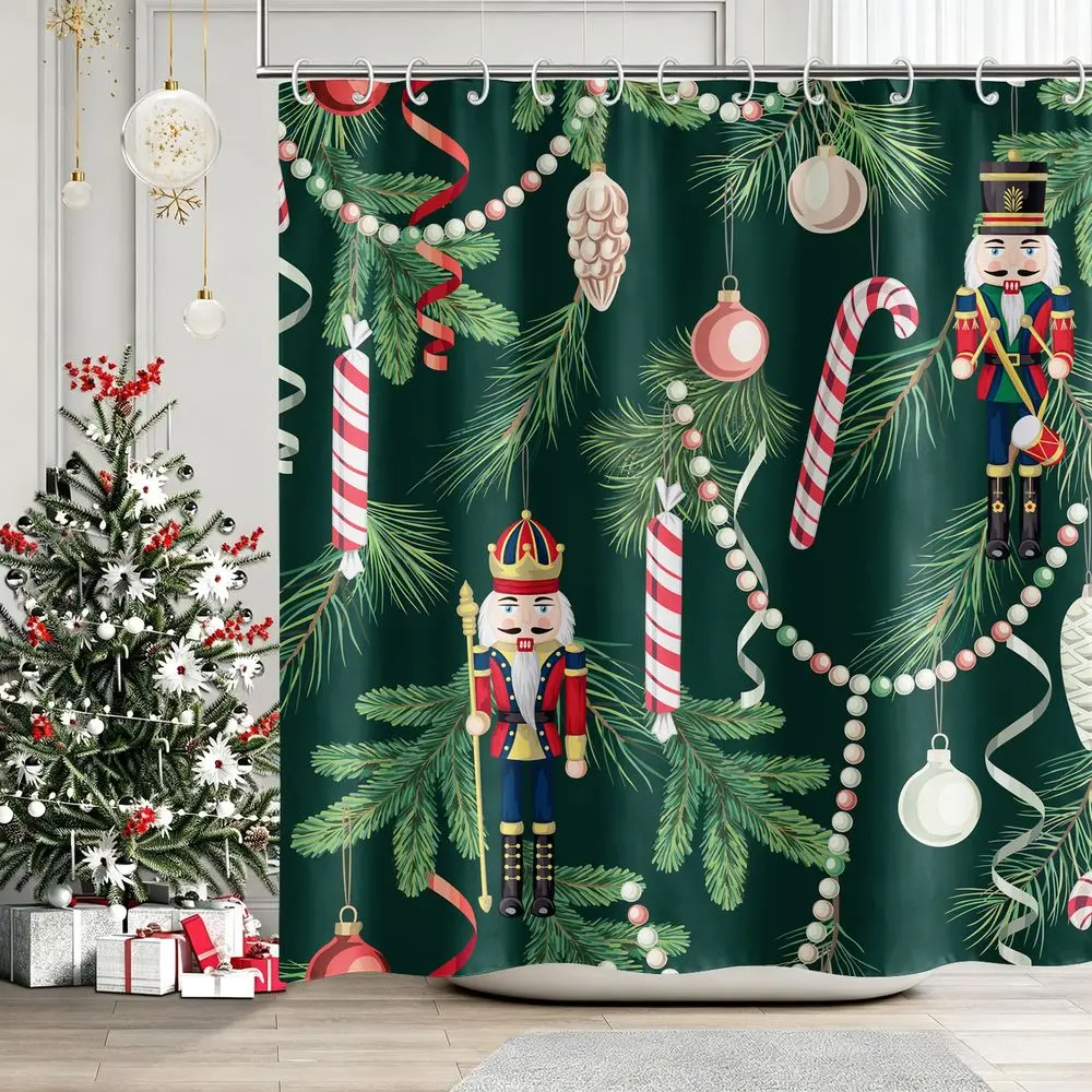 1Pcs Christmas Nutcracker Shower Curtain Festive Pine Tree Holiday Bathroom Decor Set Waterproof Cloth Fabric Bathtub Privacy Curtain Washable Home Party Decoration with 12 Hooks