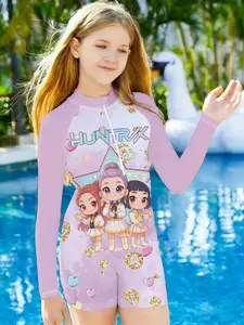 Girls' One-Piece Swimsuit, K-Pop Heart Print, Quick-Dry Sun Protection Long Sleeve Swimwear, Beach Pool Surfing Jumpsuit