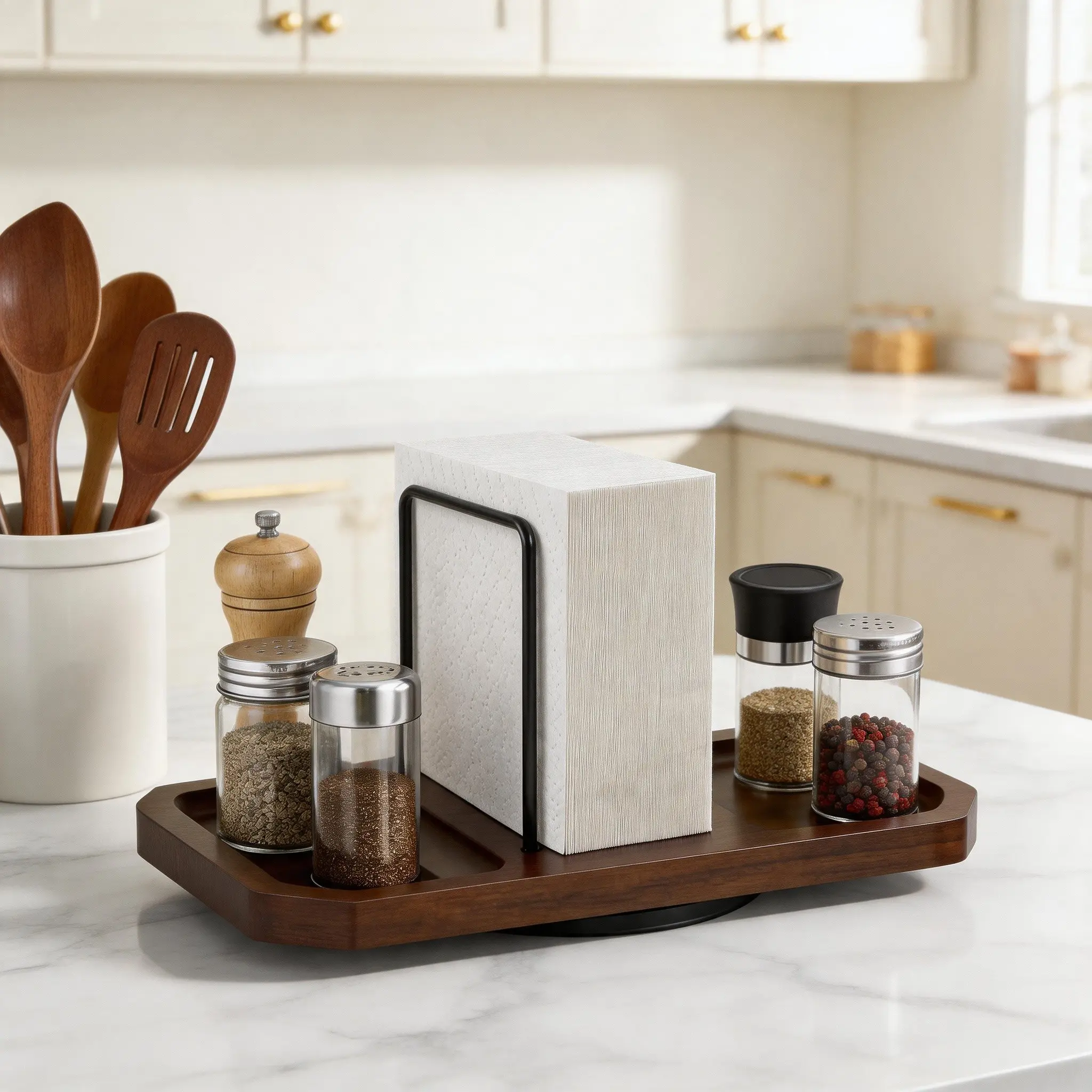 360 Degree Rotating Caddy with Napkin Holder, Multi Compartment Kitchen Table Condiment Organizer Tray for Dining Counter Coffee Bar Storage Wood