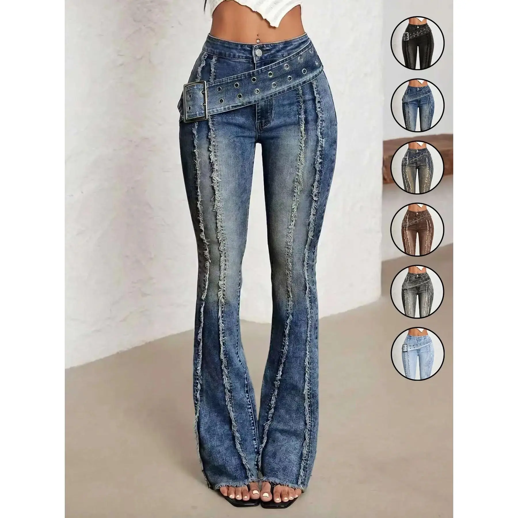 1Women's Low Waist Bell-Bottom Jeans With Big Sun Logo Button And Eyelets Big Belt,Bootcut Jeans,Comfortable Stretch Dark Wash Denim Jeans,Patchwork Fringe Washed Vintage Long Pants, Casual Denim Trousers for Everyday Wear