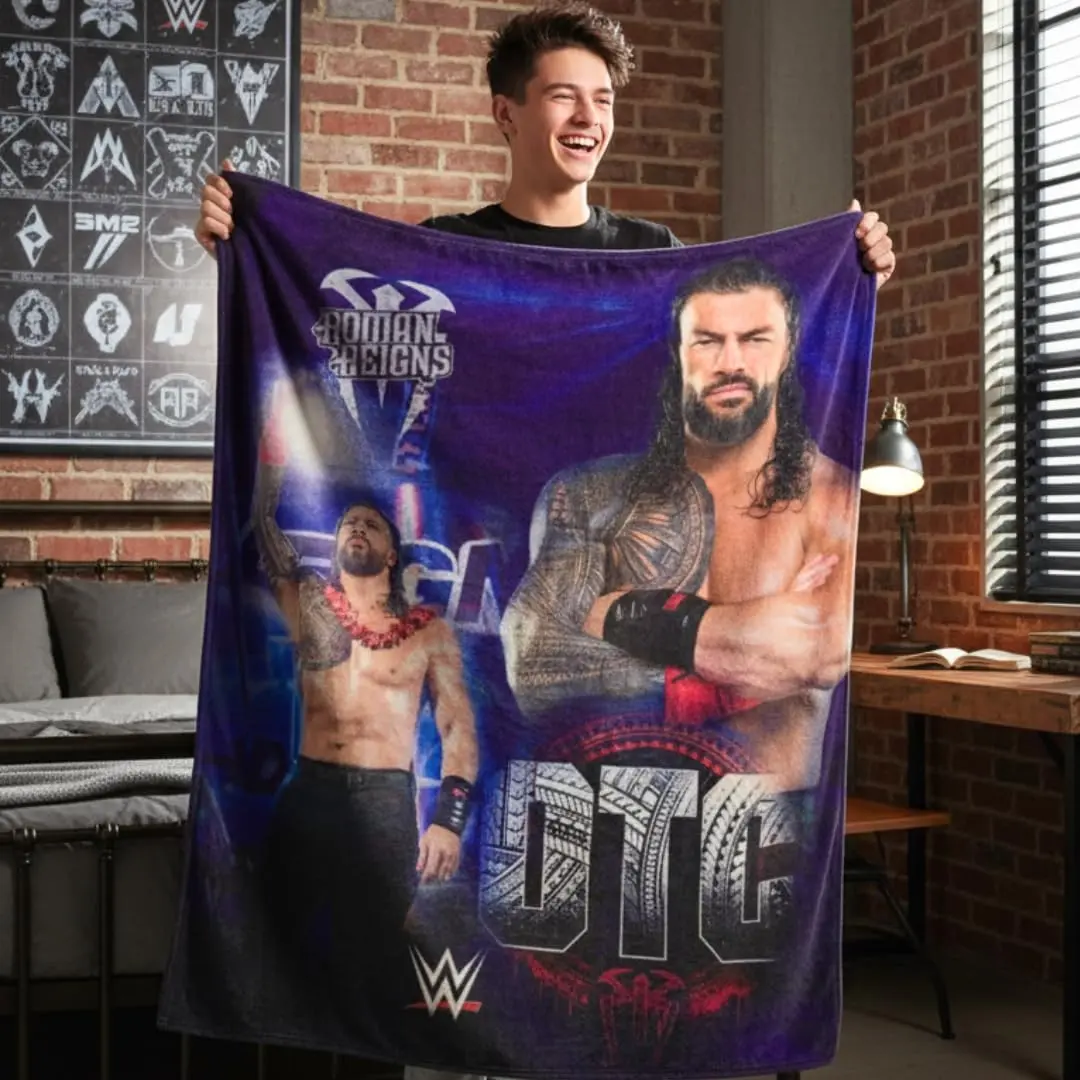 WWE Roman Reigns Tribal Chief Flannel Throw Blanket Purple Background Dual Portrait Ula Lei Headdress Graphic WWE Logo Soft Fleece Blanket Wrestling Fan Man Cave Sofa Bedroom Decor Gift