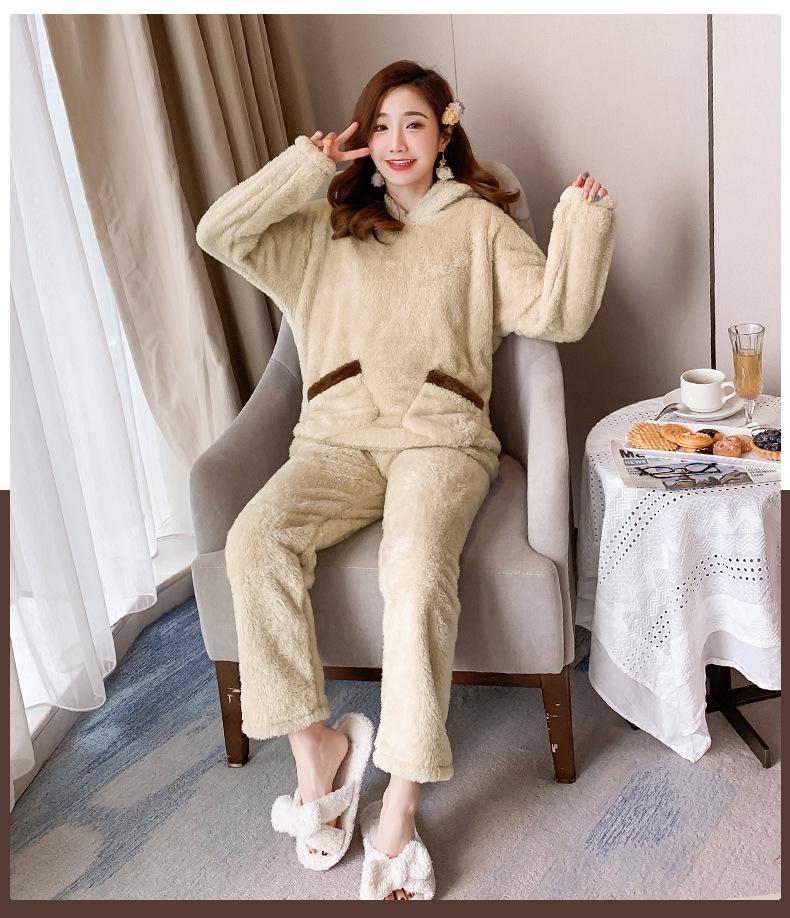 Autumn Winter Thickened Warm Women Loungewear Suit Cartoon Plush Hooded Bear Sleepwear Ladies Flannel Homewear Nightwear Set