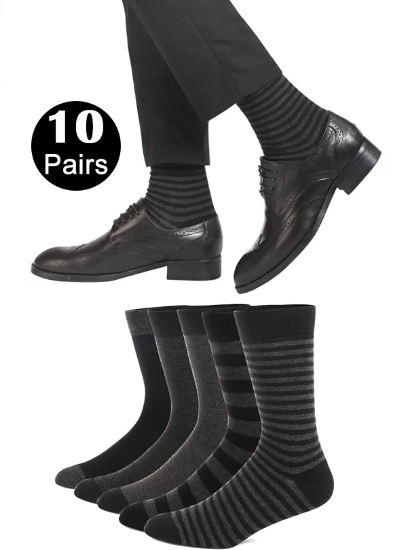 10 Pairs Men's Striped Ribbed Dress Socks, Seamless Toe Comfort Business Socks, Breathable Casual Gift Socks for Men