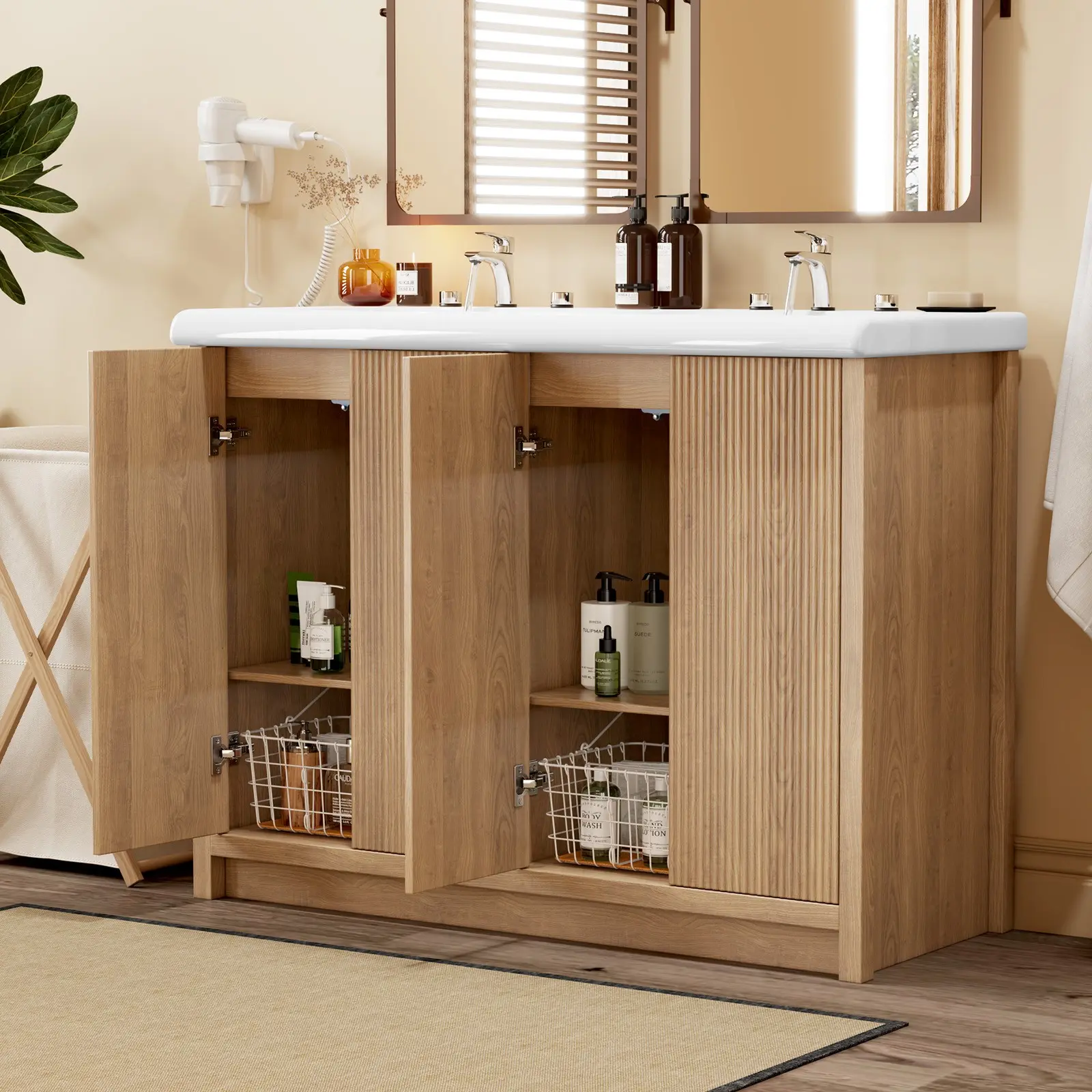Large Bathroom Vanity Double Ceramic Sink Freestanding Cabinet Storage