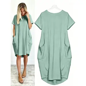 Plus Size - Plus Size - Chibi Maruko Directional Beautiful Women'S Plus Size Round Neck Loose Short Sleeve Solid Color Dress, with Pockets