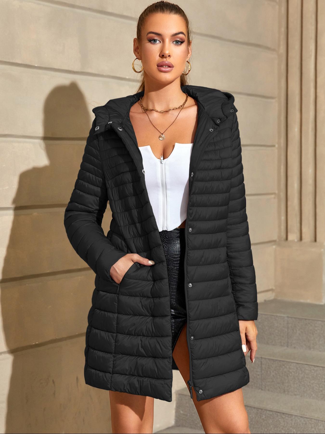 Women's Mid-Length Puffer Coat, Casual Hooded Jacket with Pockets, Fall & Winter Warm Woven Outerwear, Lightweight Thick Fabric