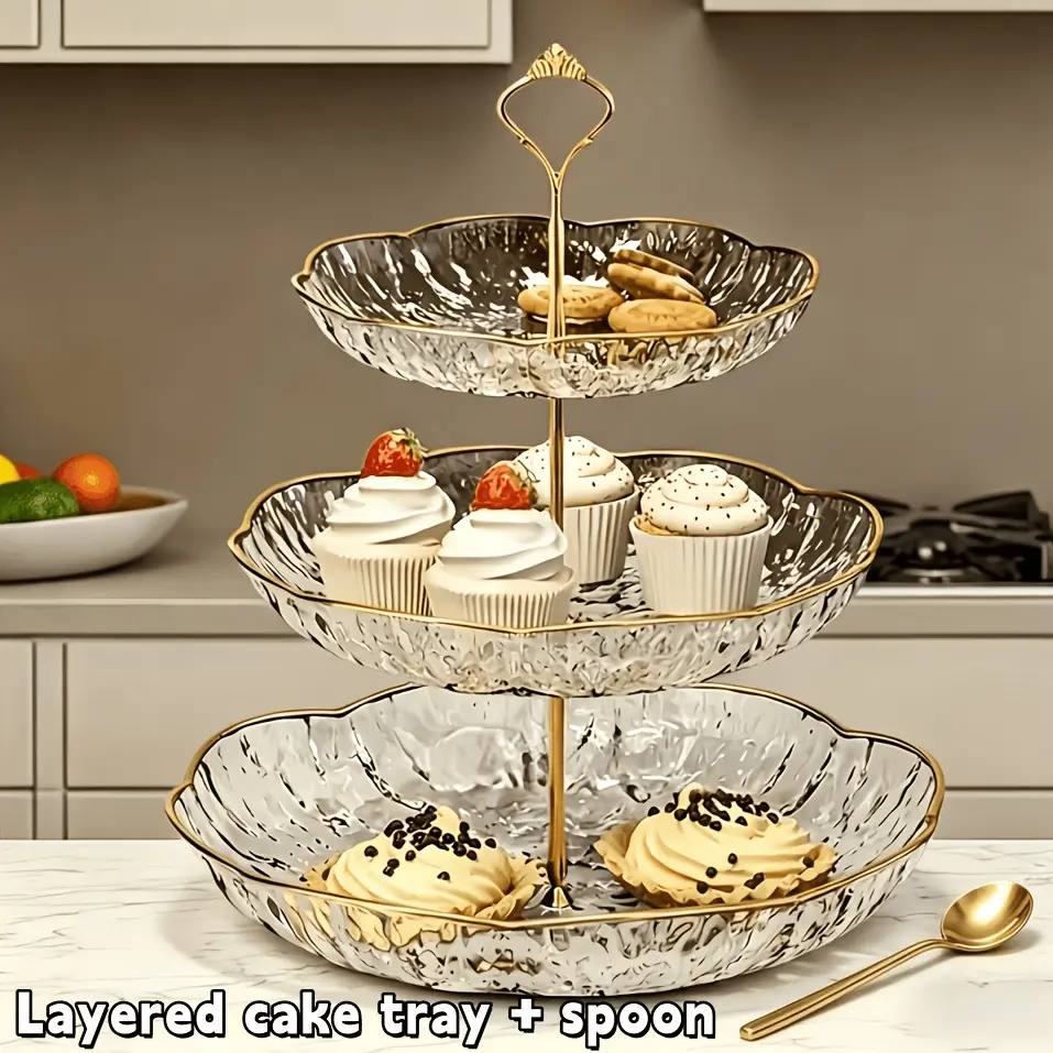 3-tier Plastic Cake Stand With Elegant Gold-rimmed Waves, Ideal For Decorative Dessert Displays, Wedding Cakes, Birthday Tea Parties, And As A Reusable Cupcake Tray Or Fruit And Bread Stand, Perfect For Parties And Weddings