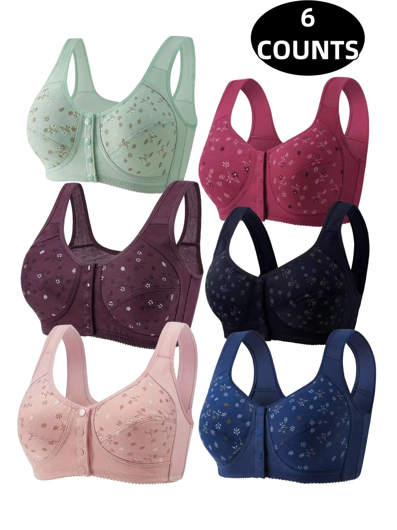 6-Pack Wireless Bras for Women, Front Buckle Push-Up Design, Seamless Comfort Fit, Daily Wear Underwire-Free Bra, Breathable Soft Fabric
