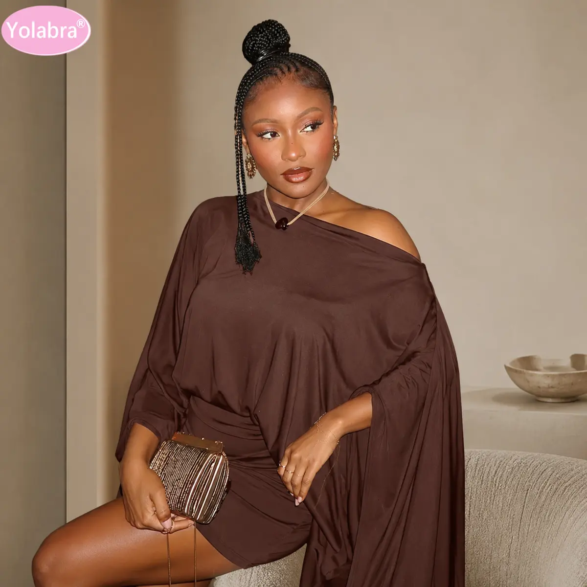 Yolabra Off Shoulder Oversized Batwing Sleeve Mini Dress Draped Waist Ruched Bodycon Party Dress Loose Flared Long Sleeve Night Out Mini Gown Soft Stretch Jersey Cold Shoulder Club Dress Wide Flowy Sleeve Asymmetrical Short Dress