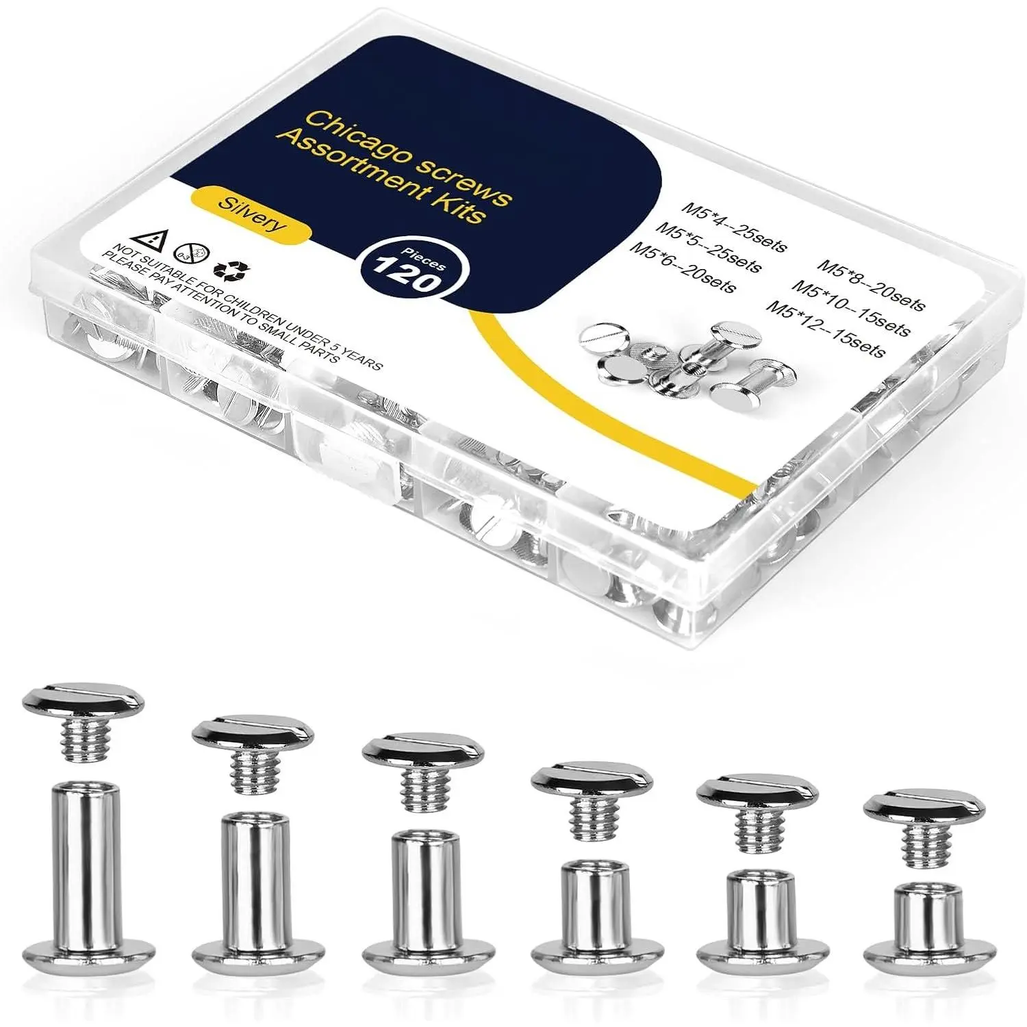 120sets Chicago Screws Kit, 6 Sizes Screw Rivets  Chicago Binding Screws for DIY Repair Leather Craft Belt Bag Shoes Purse Bookbinding (M5*4,5,6,8,10,12) ()