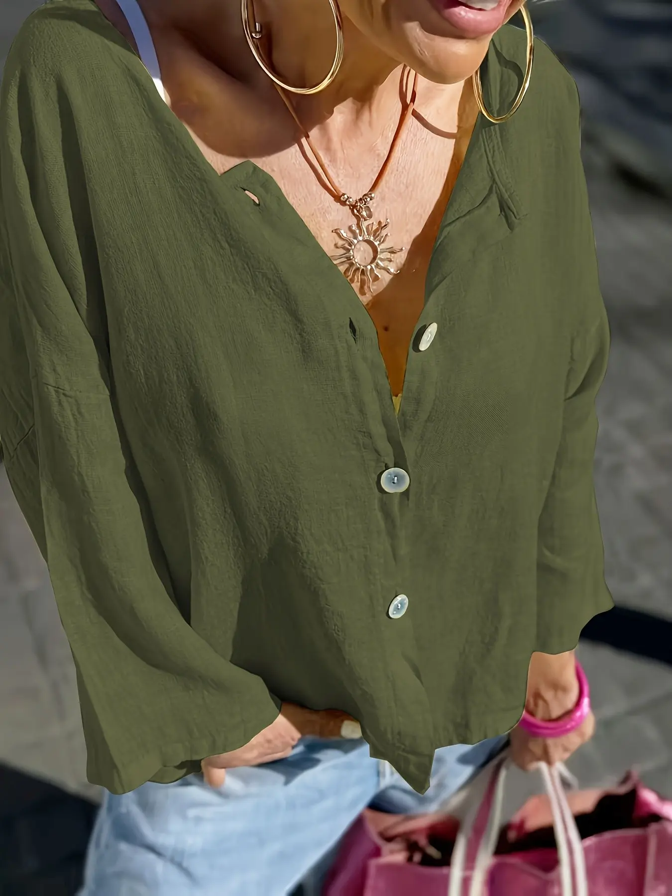 European and American Casual Solid Color Bamboo Shirt, Drop Shoulder Wide Sleeve Slimming Versatile Commute Cover-Up, Stylish and Comfortable