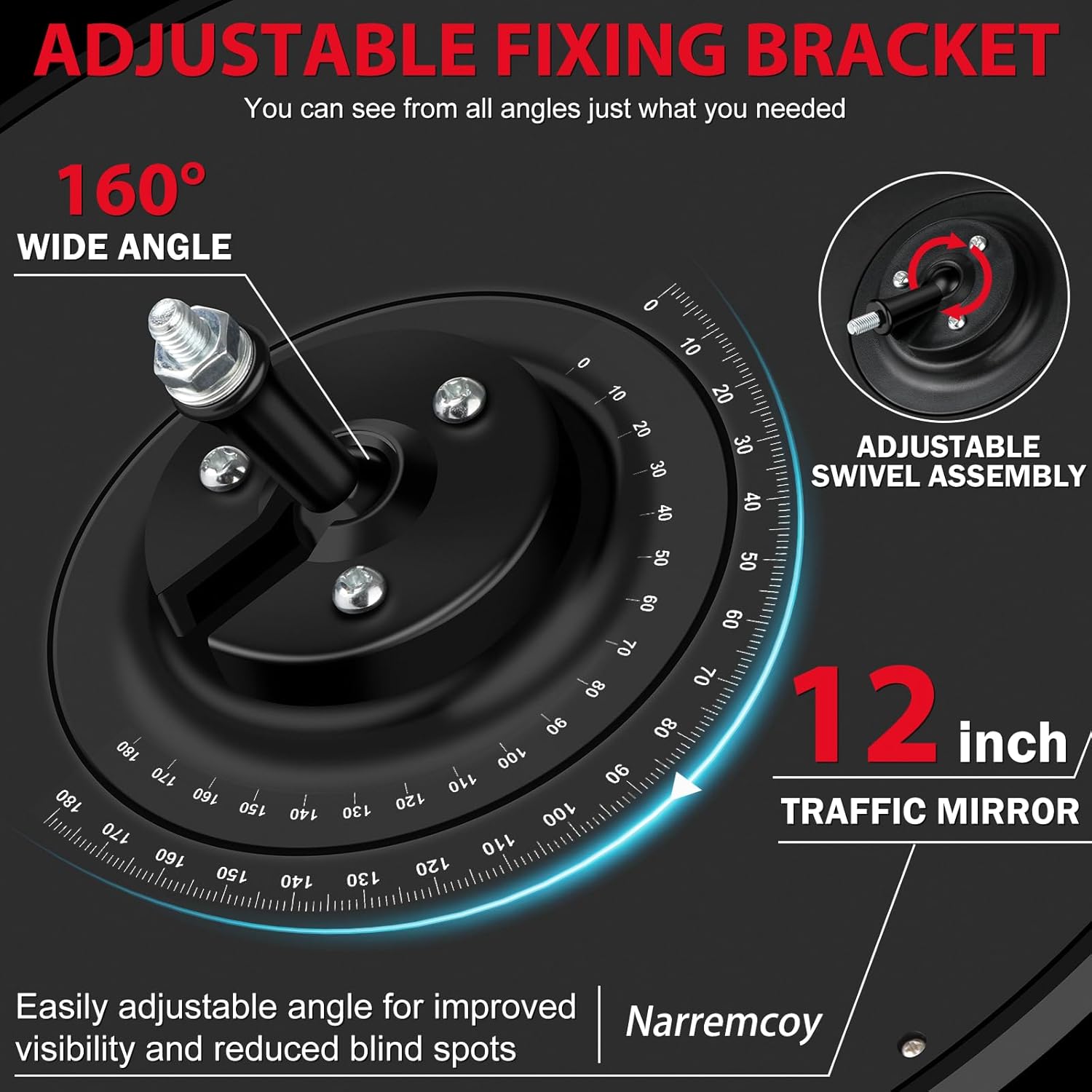 12 inch Acrylic Convex Mirror, Adjustable Wide Angle View Indoor Security Mirror, Corner Security Blind Spot for Warehouse, Office, Parking Garage and Traffic Safety