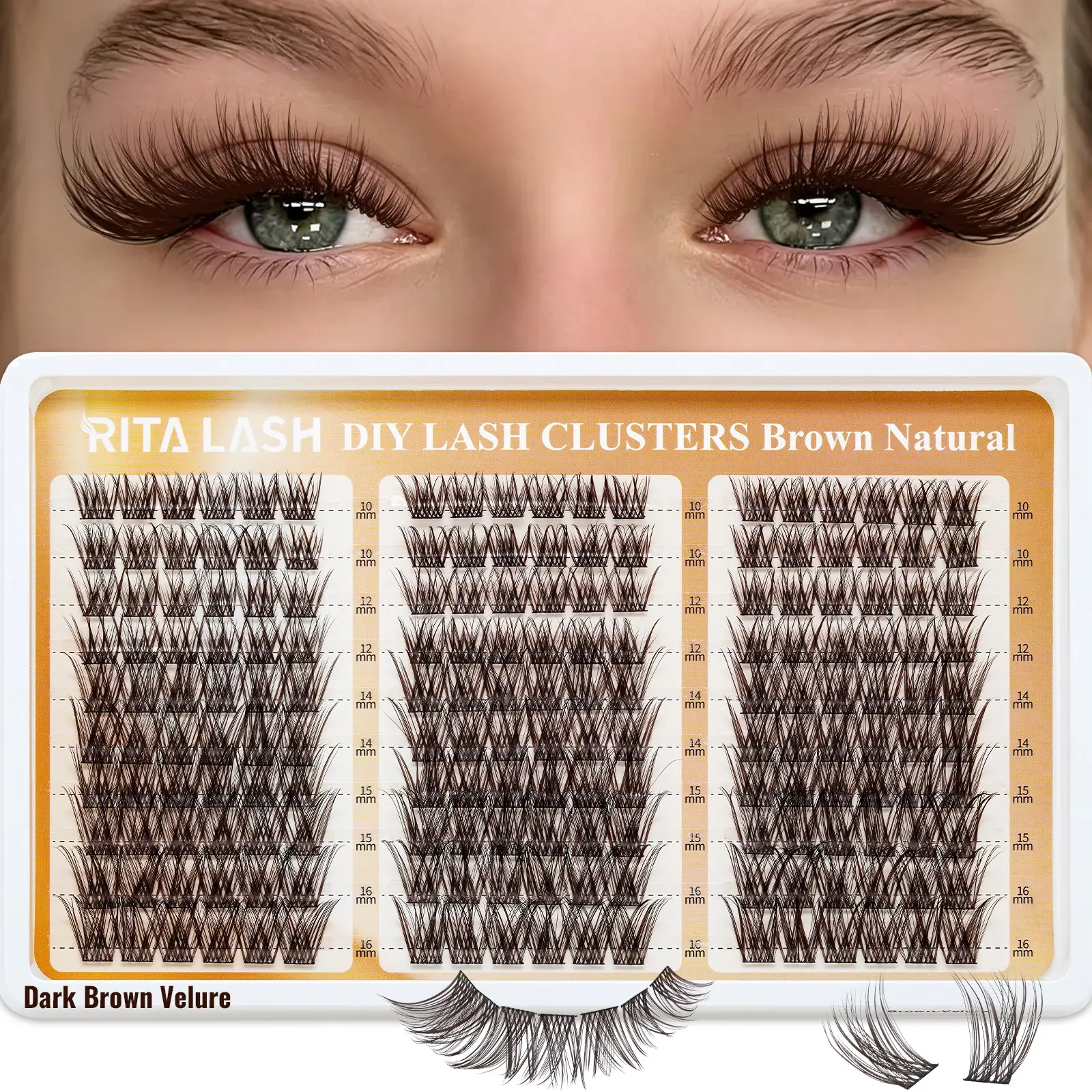 RITALASH 180PCS Velure Dark Brown Lash Clusters, Wispy D Curl Cluster Eyelash Extensions, 10-16mm Soft Band Individual False Lashes for a Subtle & Elegant Look DIY at Home DIY Personal Lashes