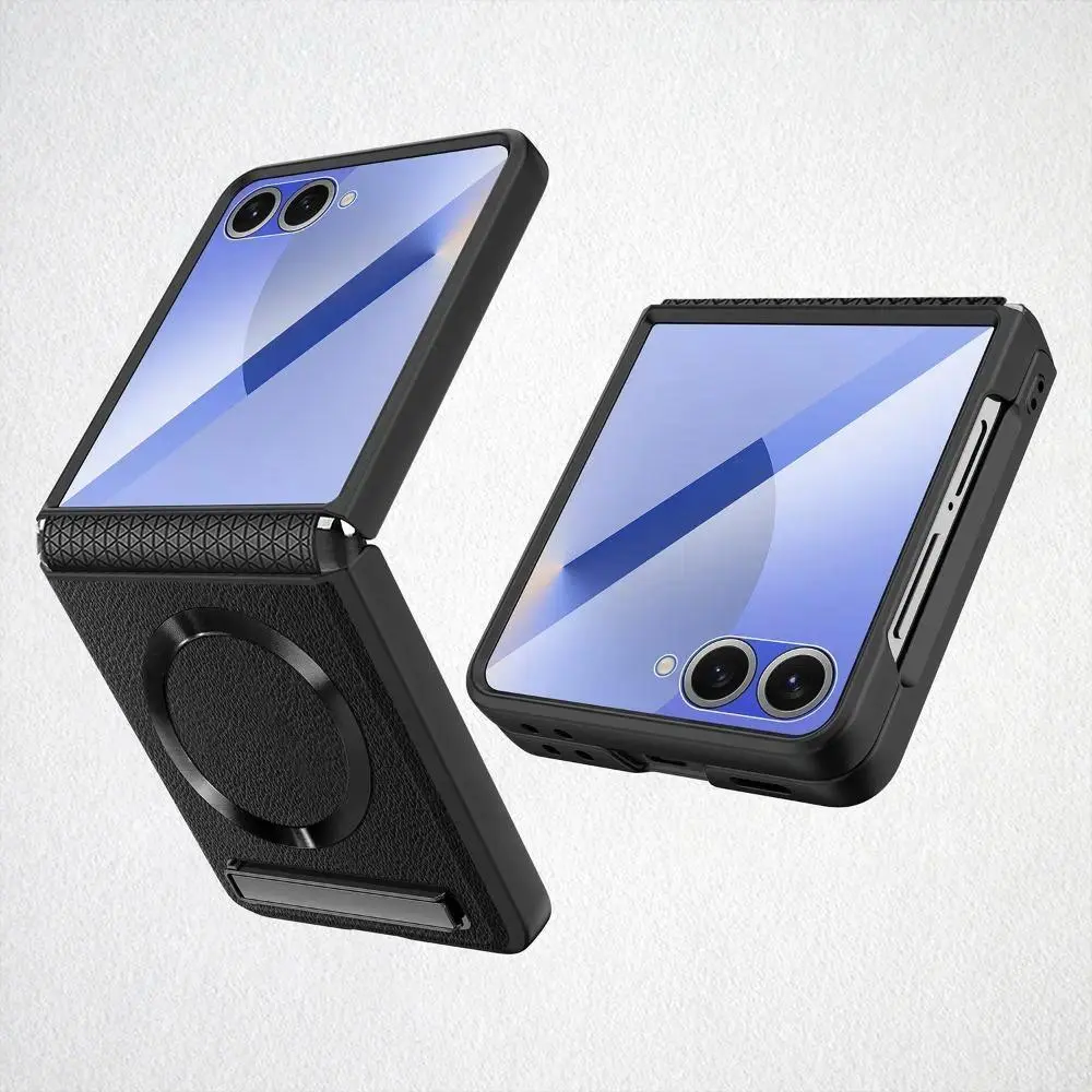 Compatible with Z Flip 7 FE, Z Flip 7, Z Flip 6, Z Flip 5, Leather Magnetic Protective Case with Kickstand, Hinge Protection & Built-in Screen Glass Film, Shockproof HNZ0182